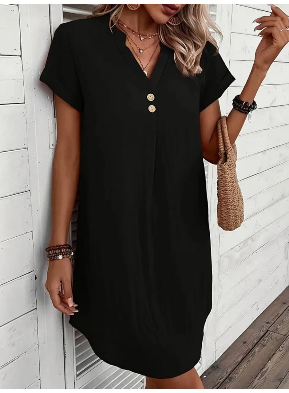Kadın Kısa Kollu V Yakalı Düğmeli Müslim Kısa Elbise