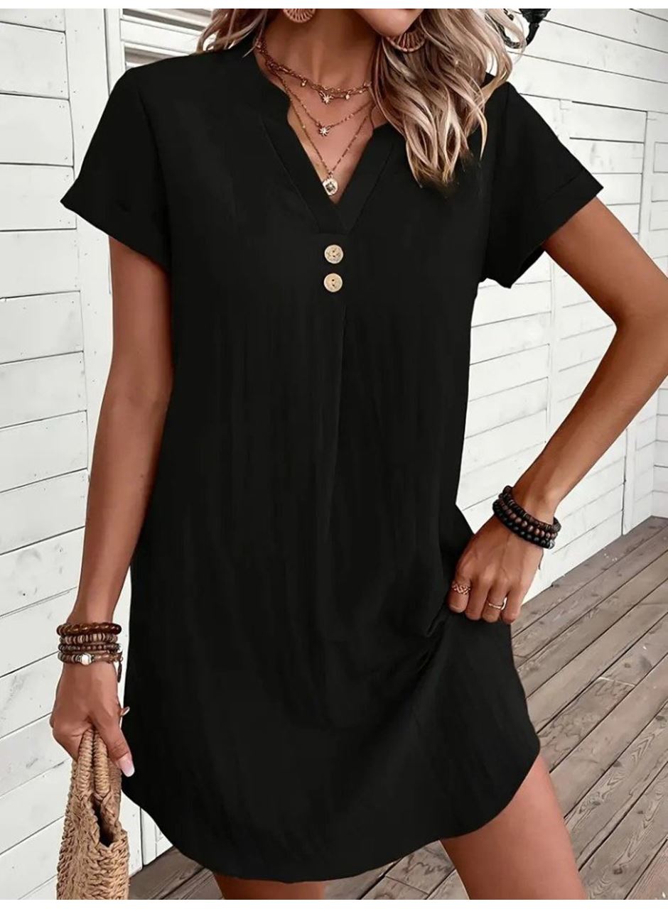 Kadın Kısa Kollu V Yakalı Düğmeli Müslim Kısa Elbise