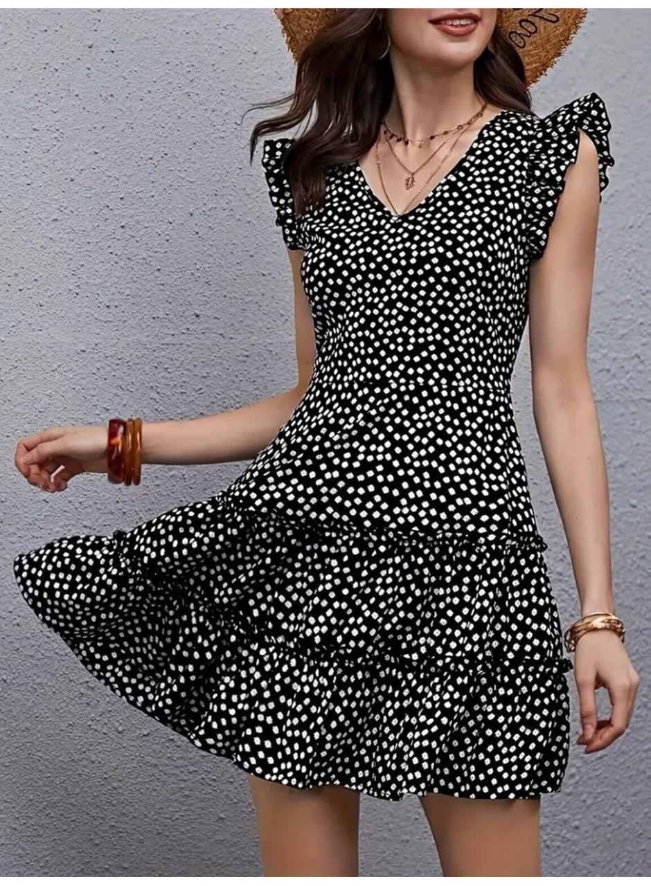 Kadın Kısa Kollu V Yakalı Desenli Fırfırlı Süprem Elbise
