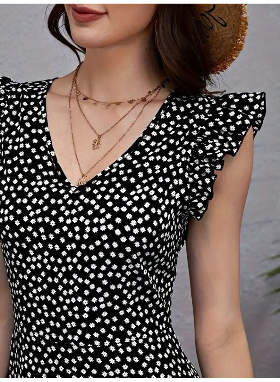 Kadın Kısa Kollu V Yakalı Desenli Fırfırlı Süprem Elbise