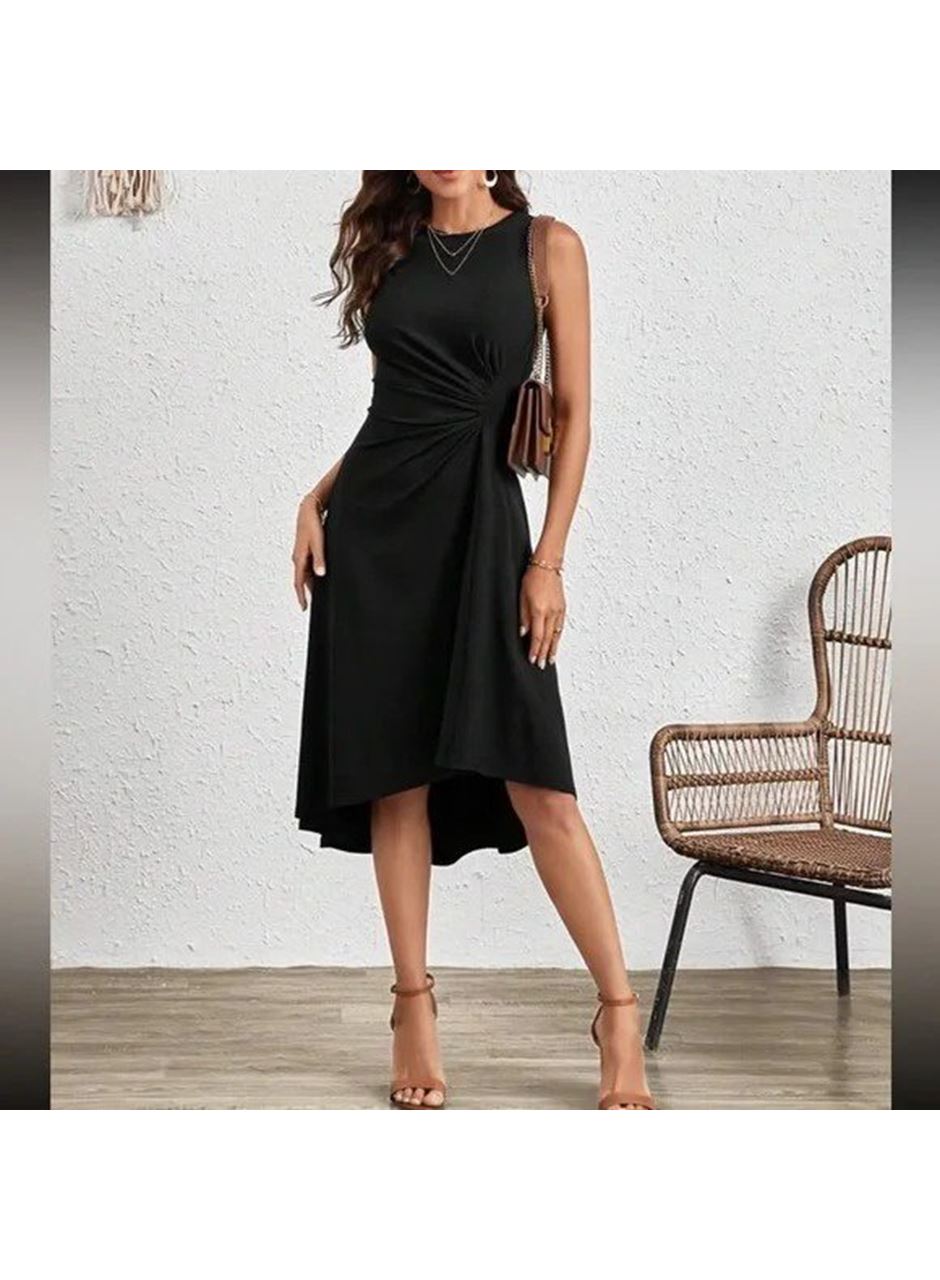 Kadın Sıfır Kollu Bisiklet Yaka Büzgülü Asimetrik Kesim Detaylı Janjan Krep Elbise