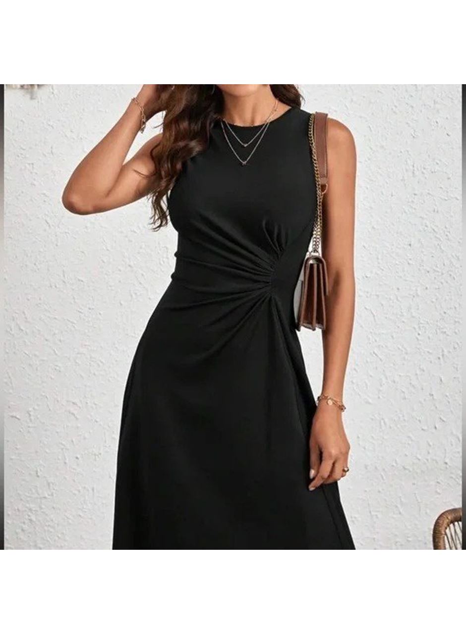 Kadın Sıfır Kollu Bisiklet Yaka Büzgülü Asimetrik Kesim Detaylı Janjan Krep Elbise