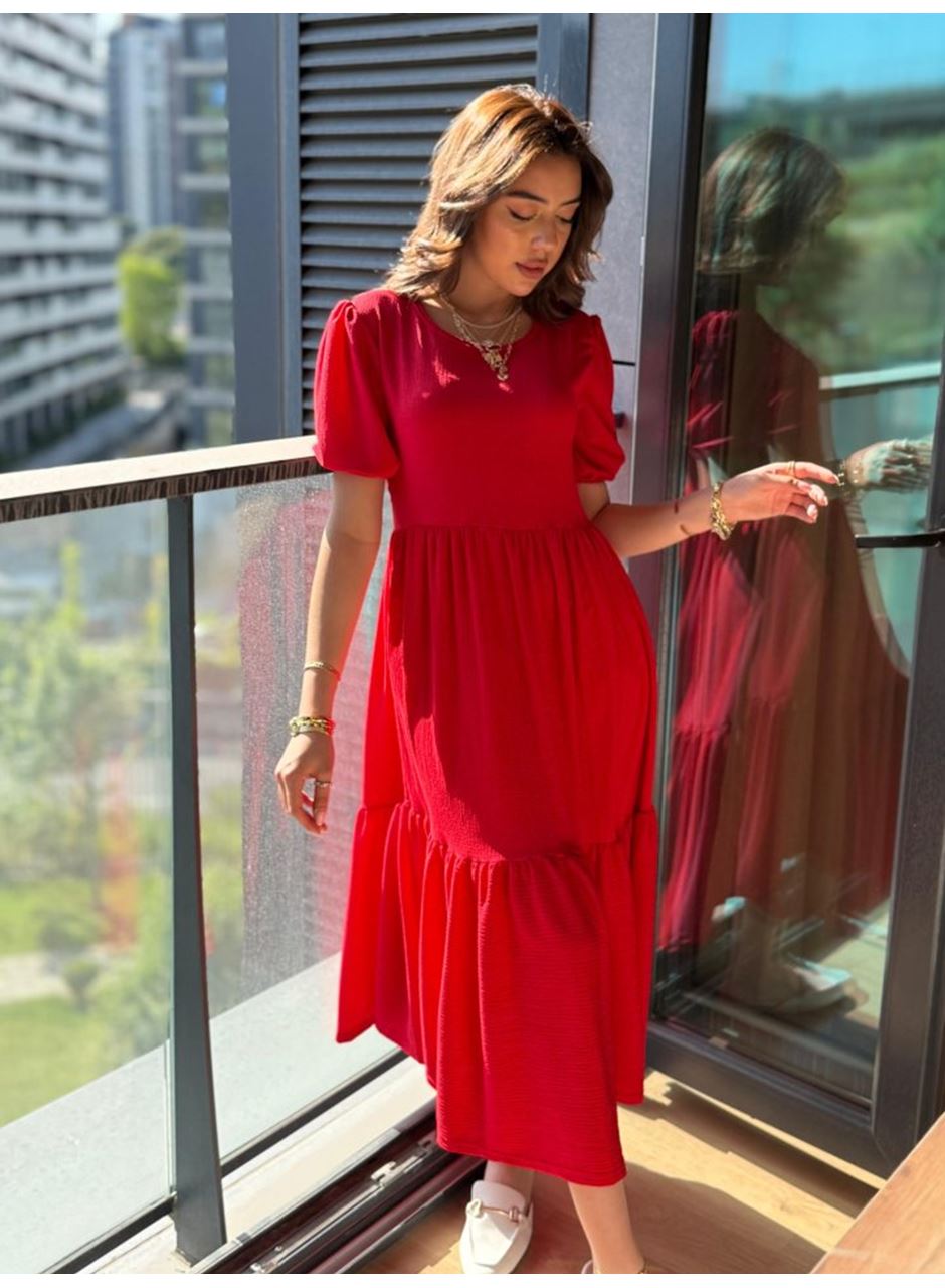 Kadın Kısa Kollu Yakası Açık Katlı Bürümcük Balon Elbise