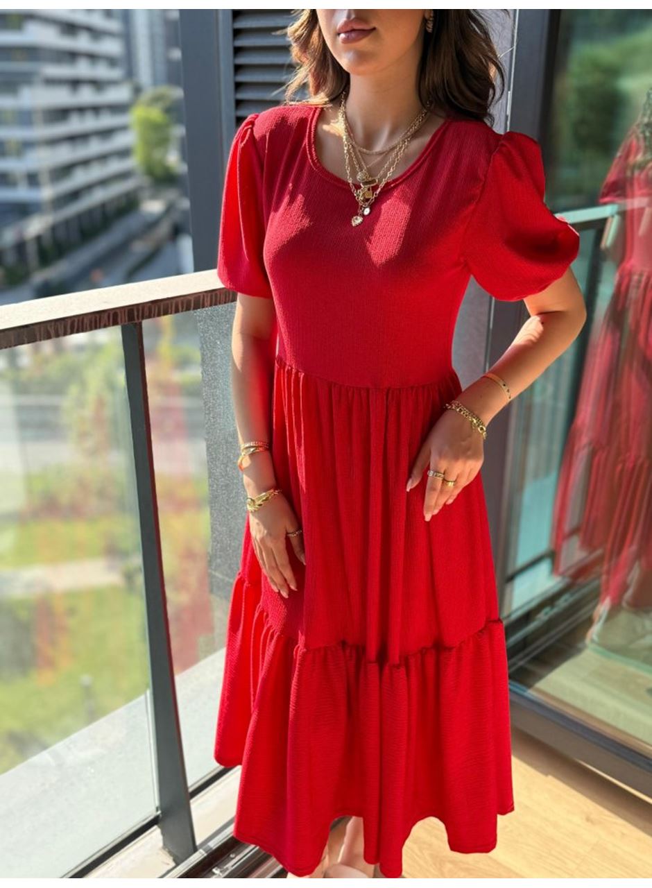 Kadın Kısa Kollu Yakası Açık Katlı Bürümcük Balon Elbise