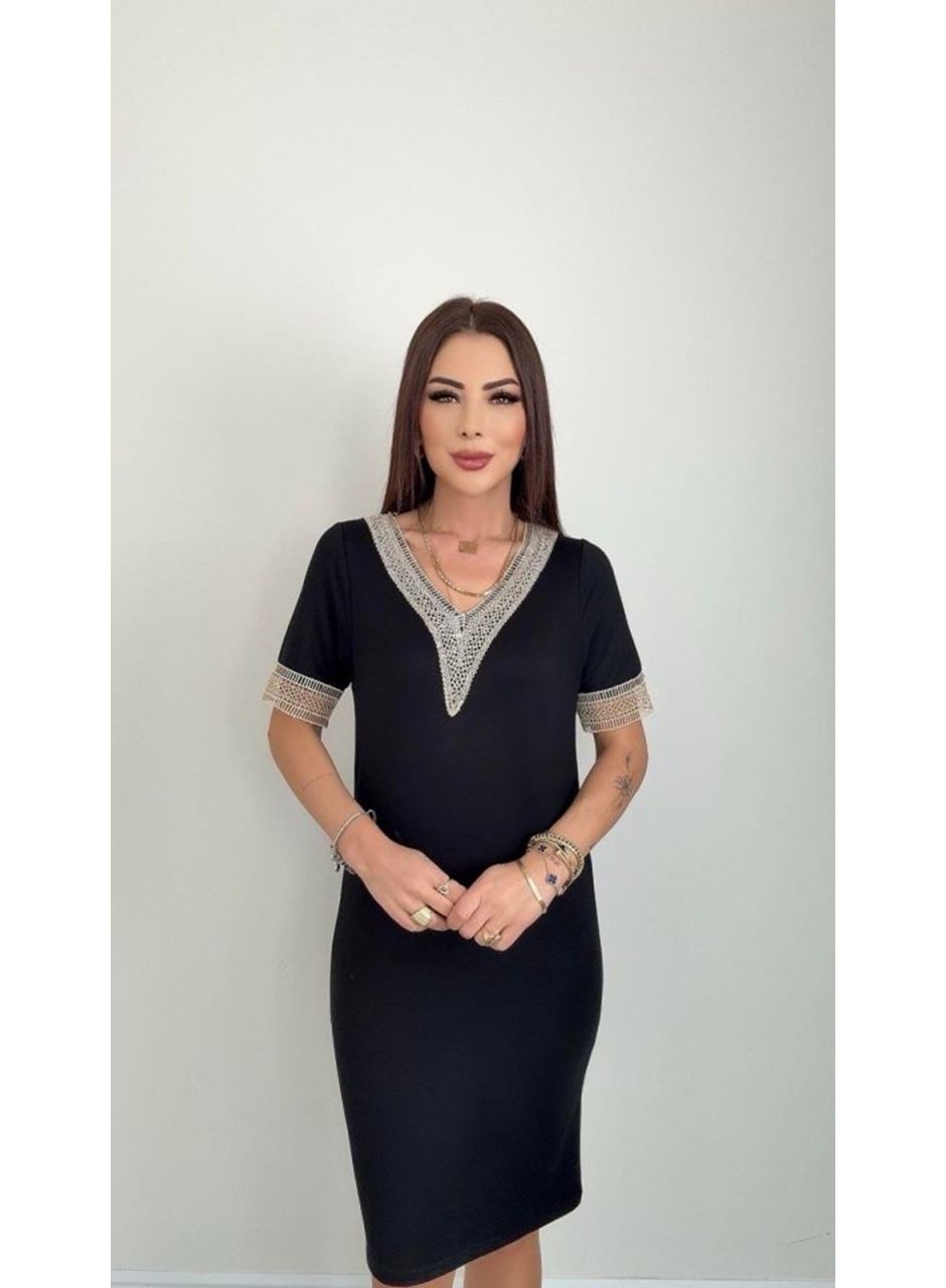 Kadın V Yaka Güpürlü İki İplik Elbise