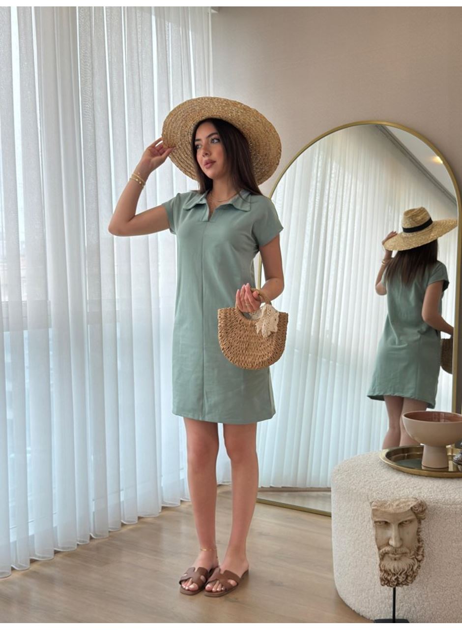 Kadın Kısa Kollu Yakalı Viskon Iki Iplik Elbise