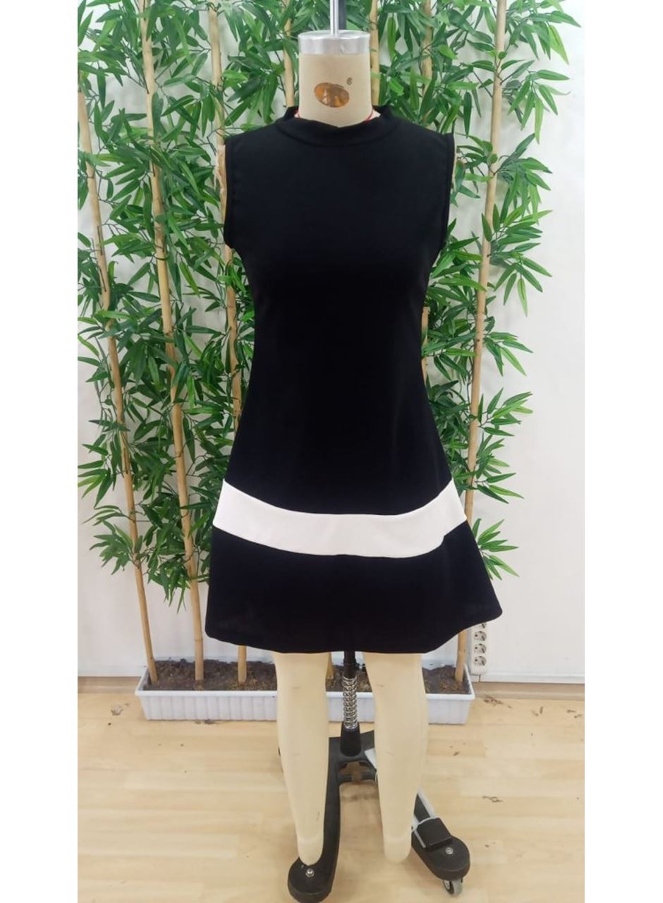 Kadın Sıfır Kol Yarı Balıkçı Yaka şerit Detaylı Ithal Krep Elbise