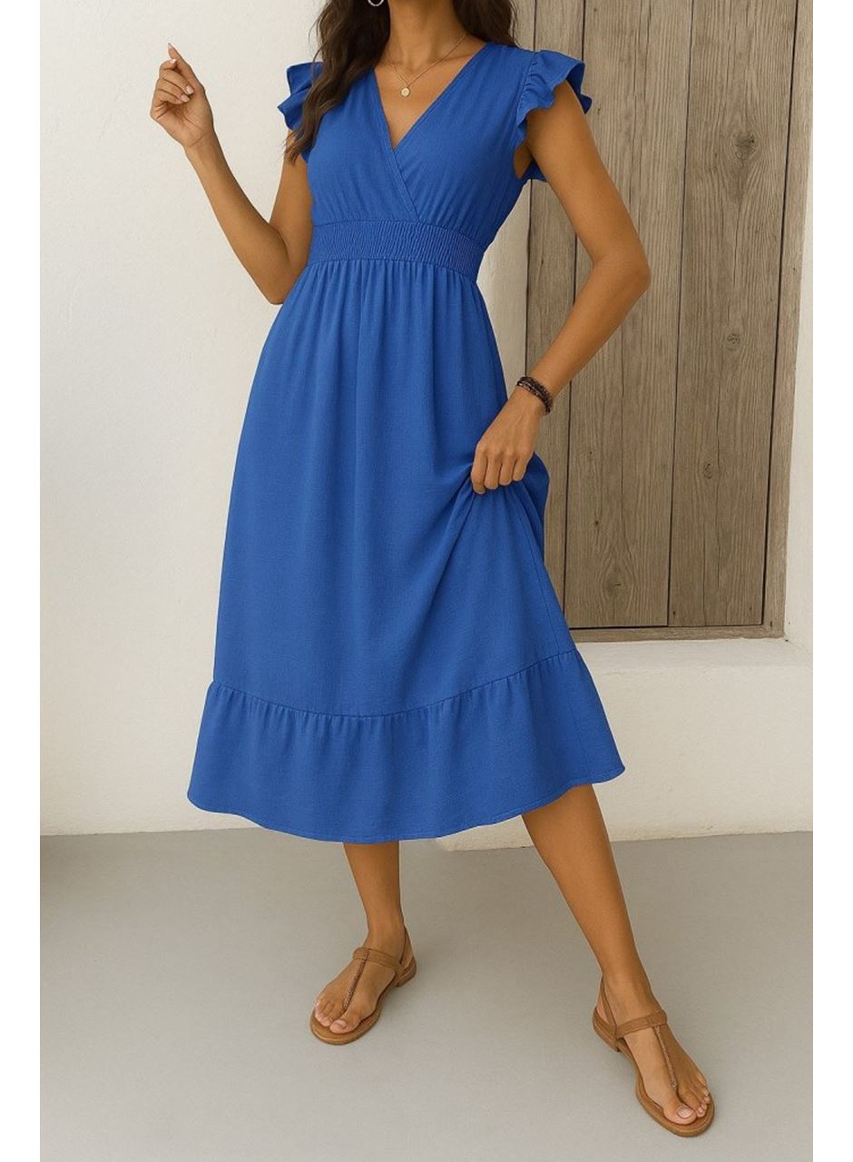 Kadın Kısa Kelebek Kollu Kruvaze Yakalı Beli Lastikli Aerobin Elbise