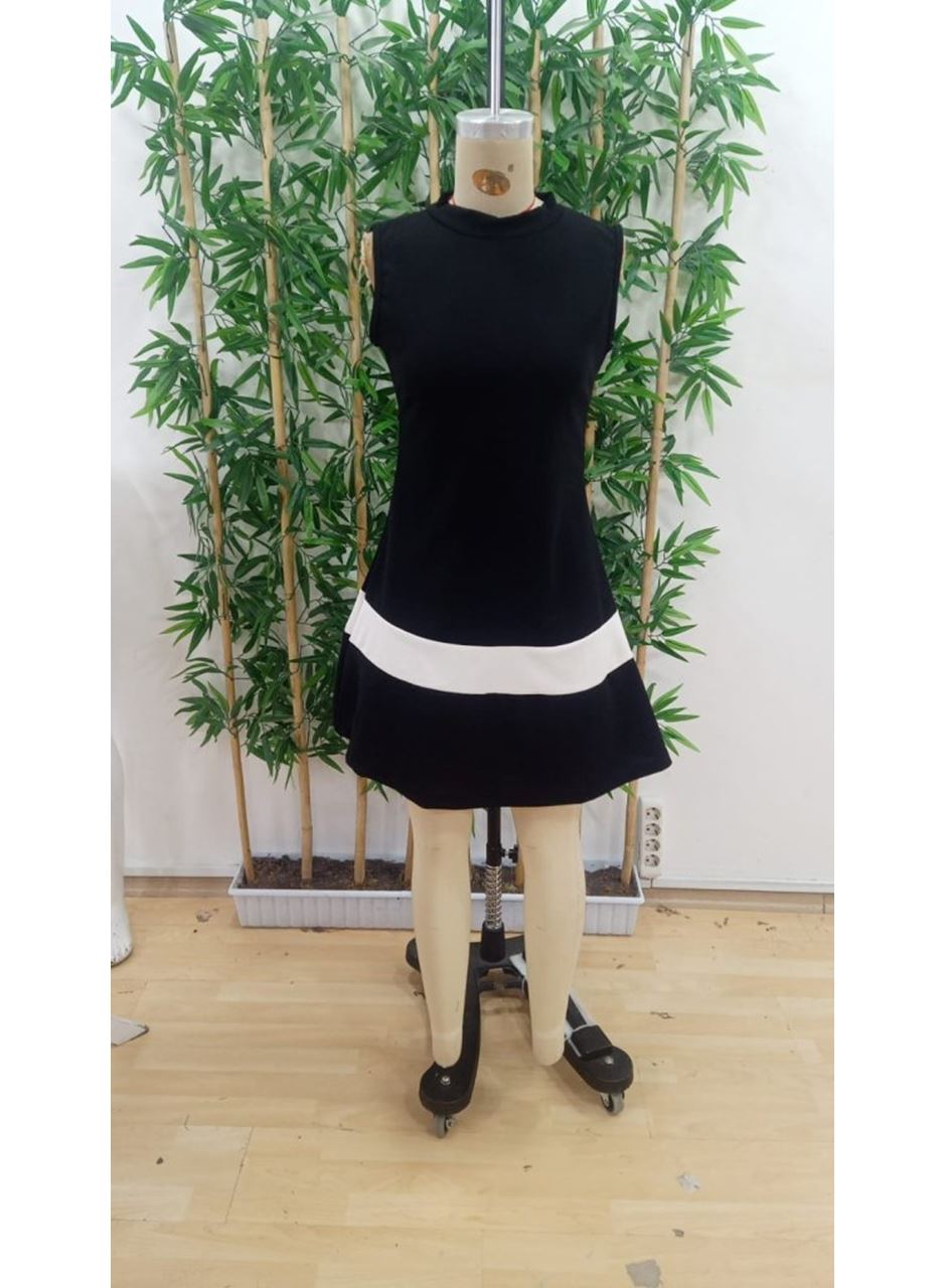 Kadın Sıfır Kol Yarı Balıkçı Yaka şerit Detaylı Ithal Krep Elbise