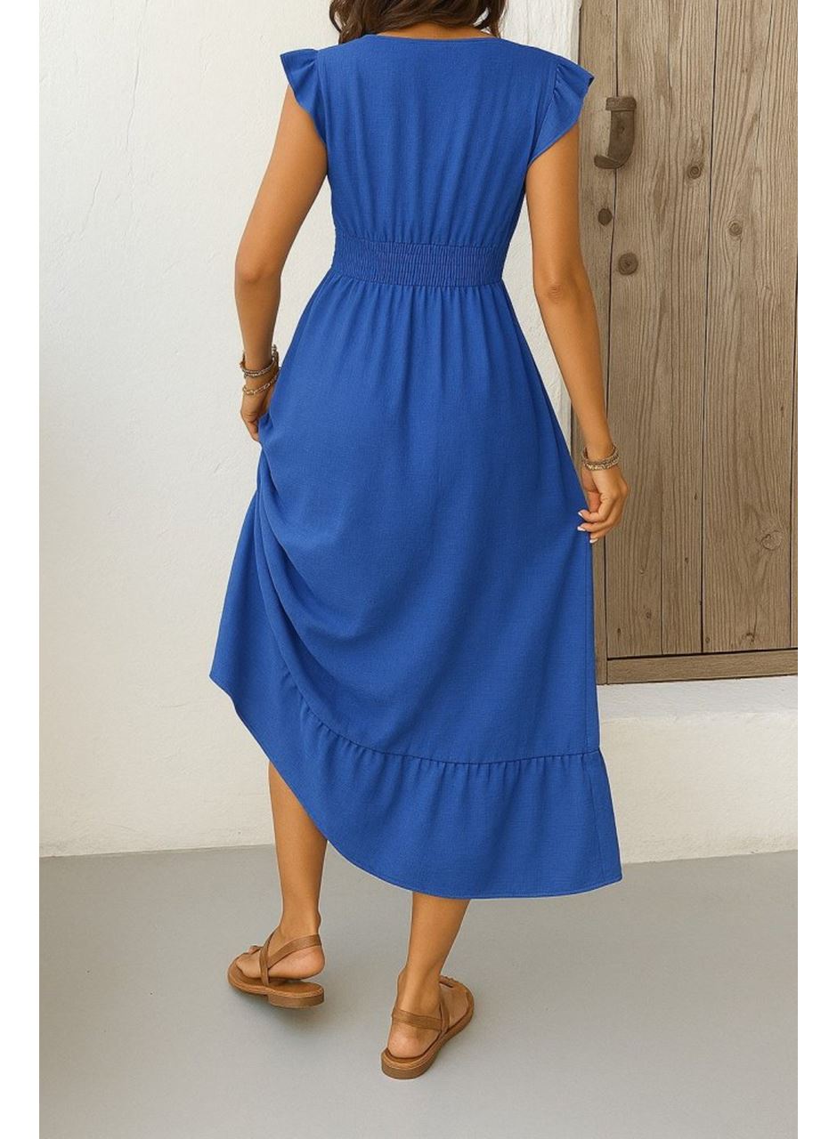 Kadın Kısa Kelebek Kollu Kruvaze Yakalı Beli Lastikli Aerobin Elbise