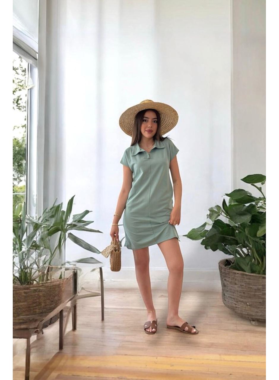 Kadın Kısa Kollu Yakalı Viskon Iki Iplik Elbise