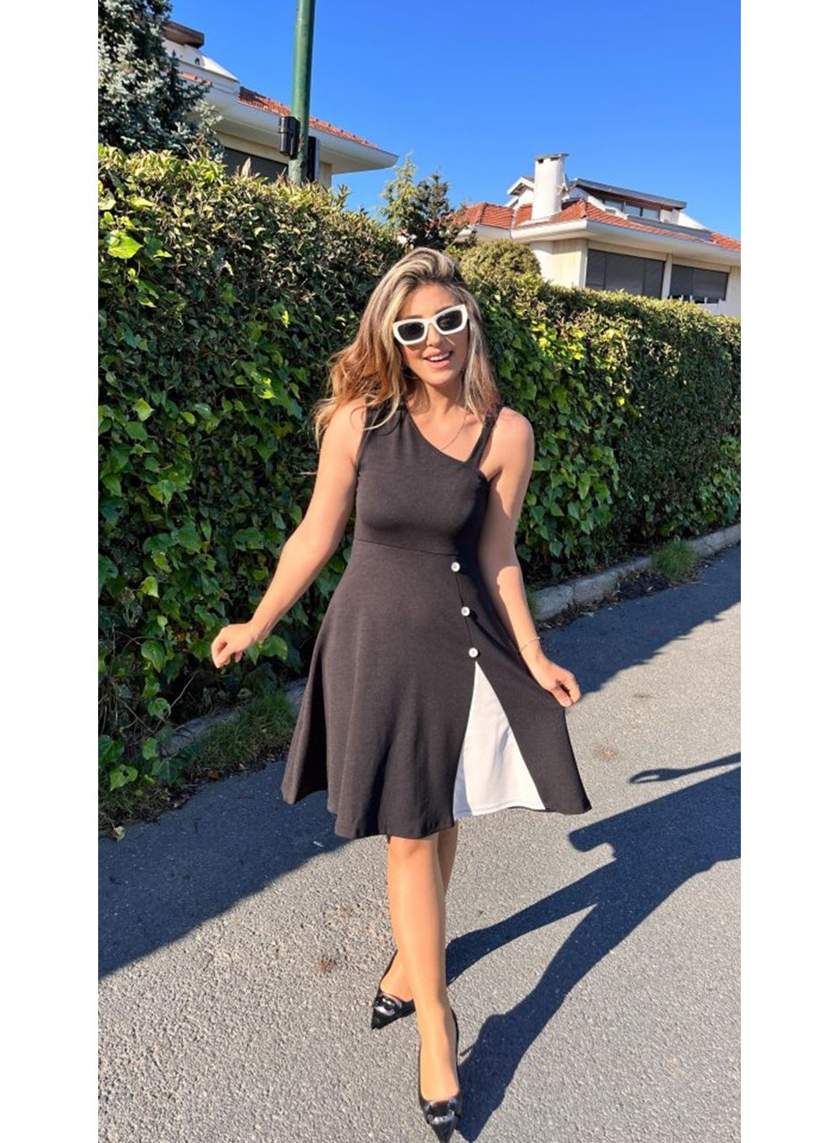 Kadın Tek Omuzu şerit Detaylı Sıfır Kol Yandan Düğme Detaylı Janjan Krep Elbise