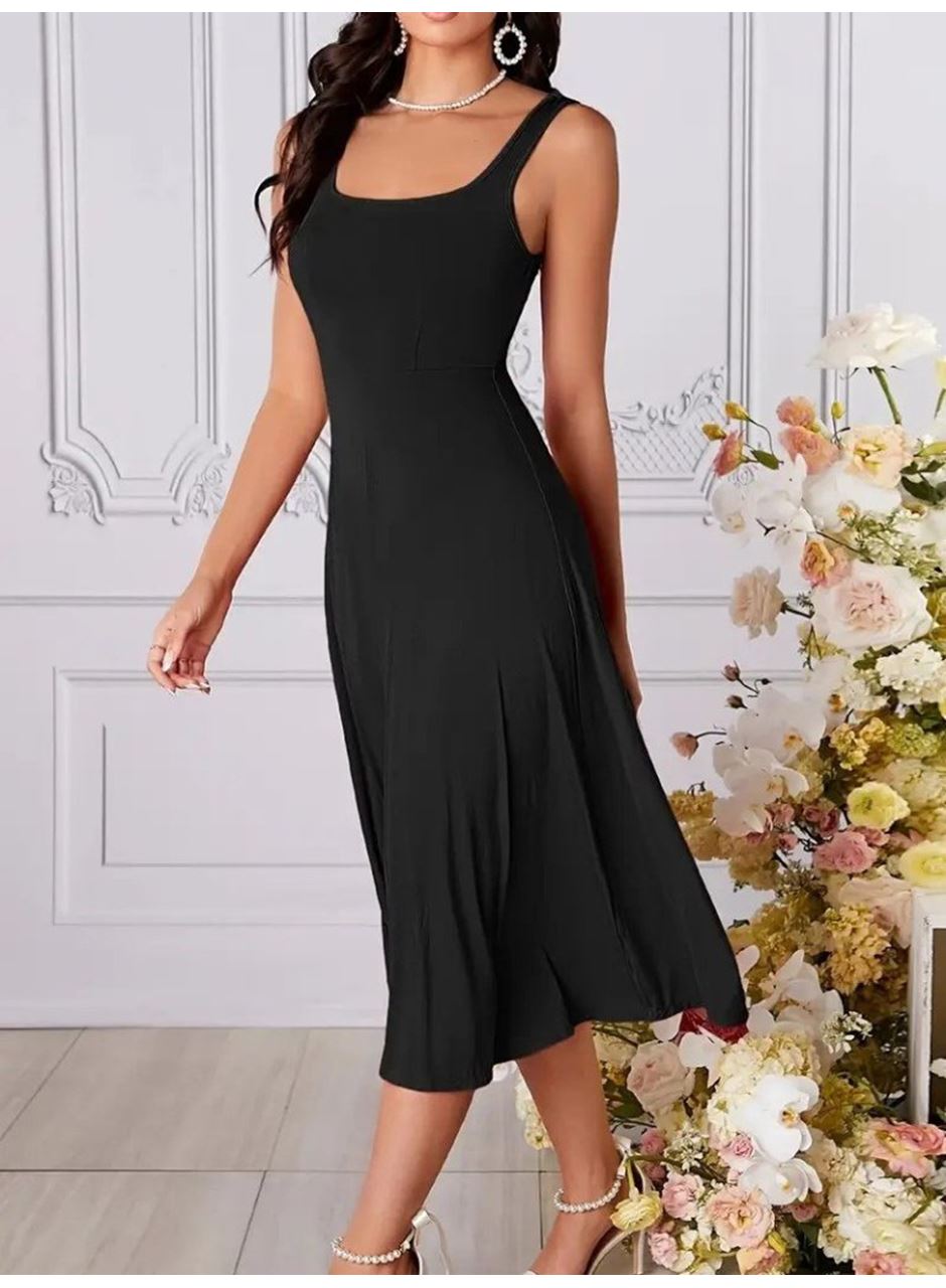 Kadın Askılı Geometrik Yakalı Geniş Kesim Detaylı Ithal Krep Elbise