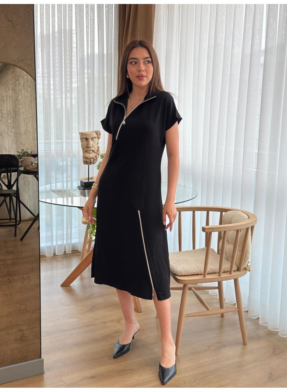 Kadın Kısa Kollu Yakadan Ve Etekten Fermuarlı Midi Viskon Iki Iplik Elbise