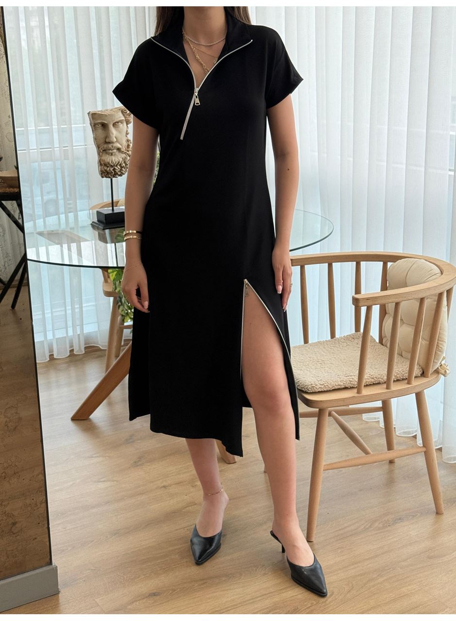Kadın Kısa Kollu Yakadan Ve Etekten Fermuarlı Midi Viskon Iki Iplik Elbise