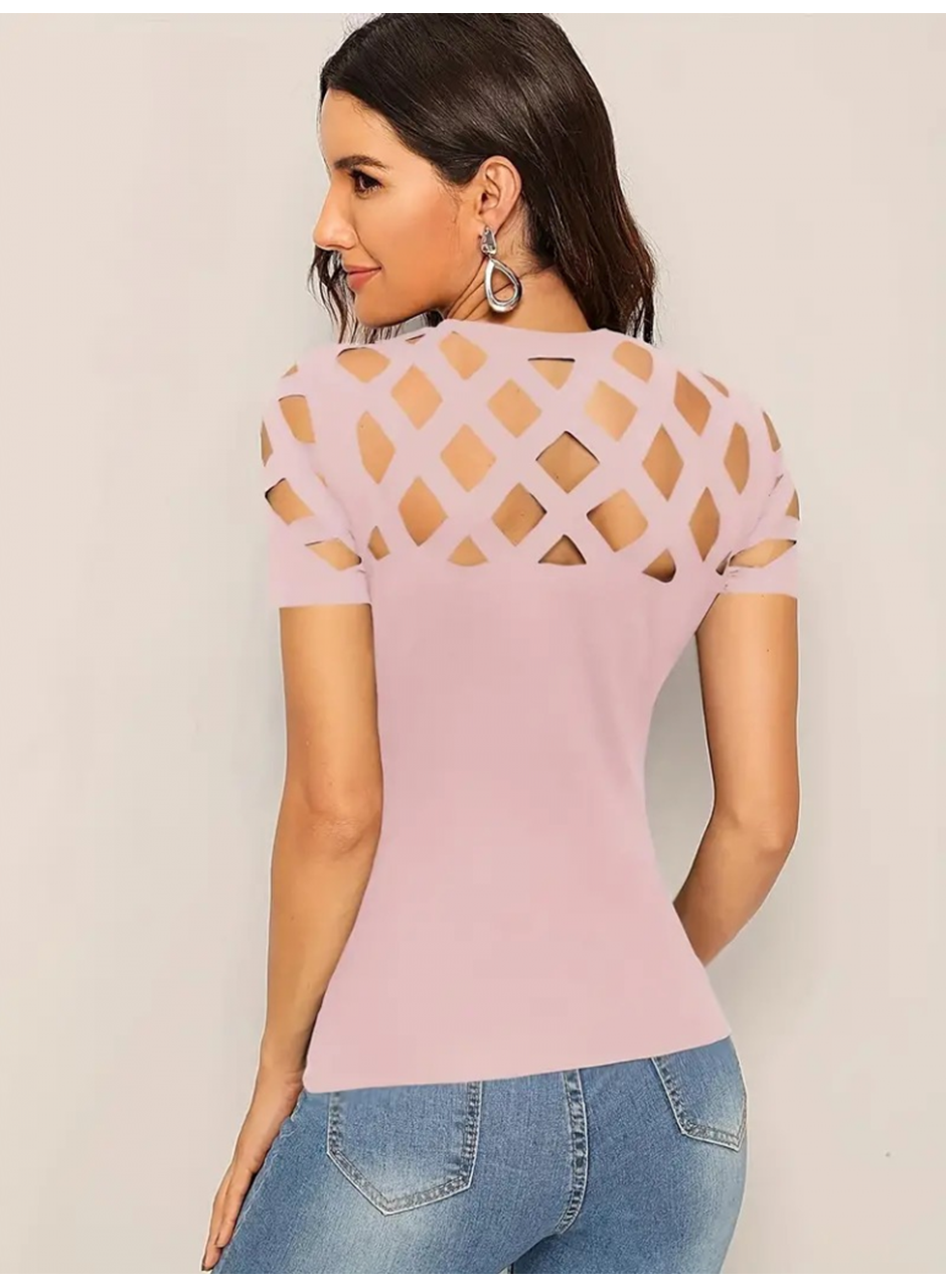Kadın Kısa Kollu Baklava Desen Lazer Kesim Ithal Krep Bluz
