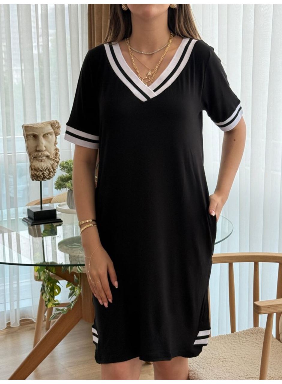 Kadın Kısa Kollu V Yaka Ribana Detaylı Cepli Dizüstü Viskon Elbise