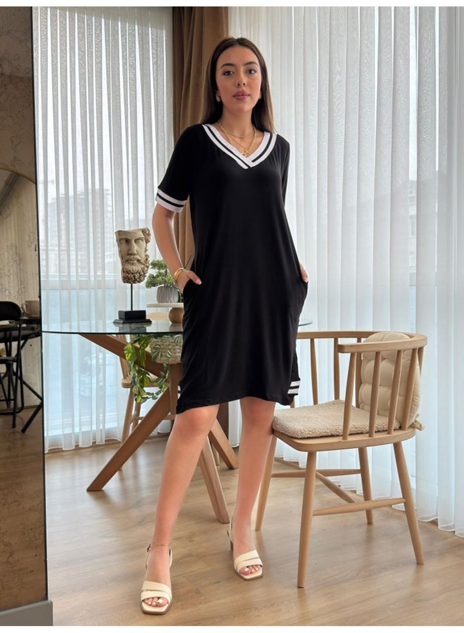 Kadın Kısa Kollu V Yaka Ribana Detaylı Cepli Dizüstü Viskon Elbise