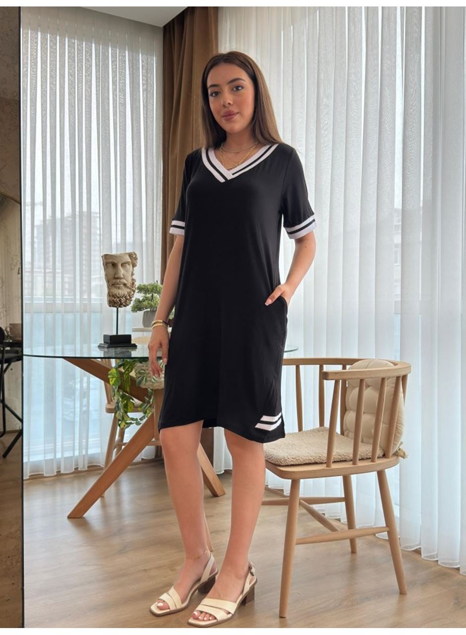 Kadın Kısa Kollu V Yaka Ribana Detaylı Cepli Dizüstü Viskon Elbise