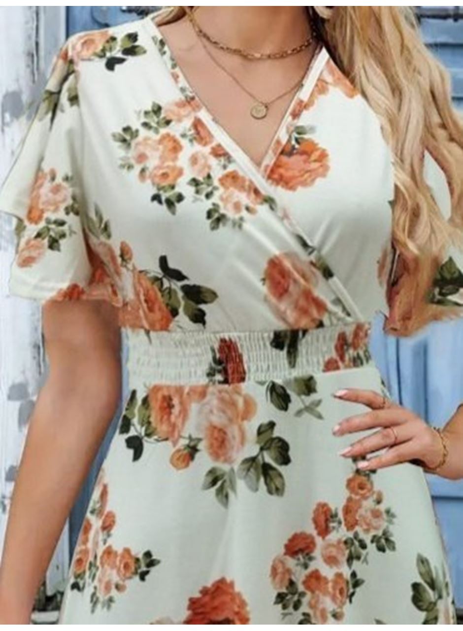 Kadın Kısa Kollu Kruvaze Yakalı Desenli Süprem Kısa Elbise