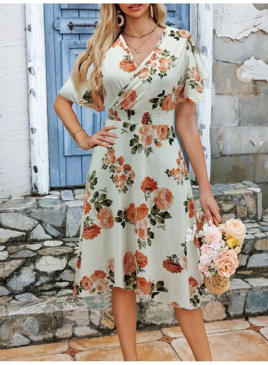 Kadın Kısa Kollu Kruvaze Yakalı Desenli Süprem Kısa Elbise