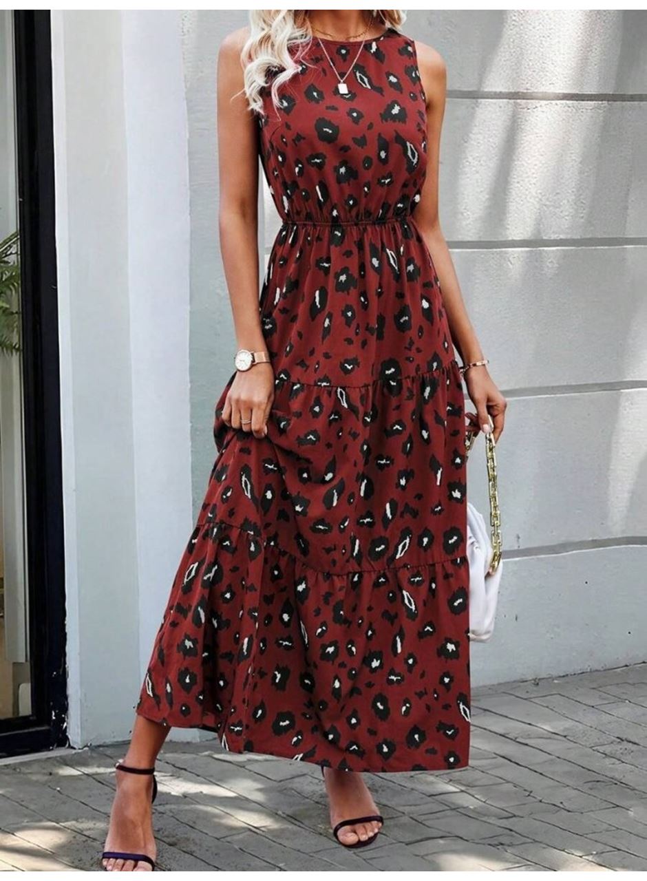 Kadın Kolsuz Bisiklet Yaka Beli Lastikli Desenli Süprem Elbise