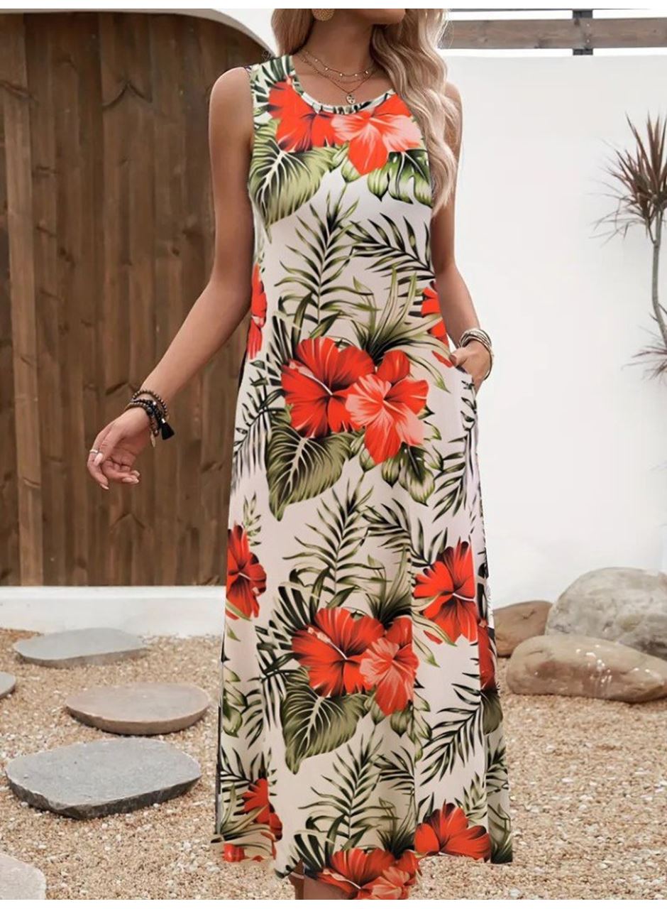 Kadın Askılı Yuvarlak Yaka Cepli Desenli Süprem Elbise