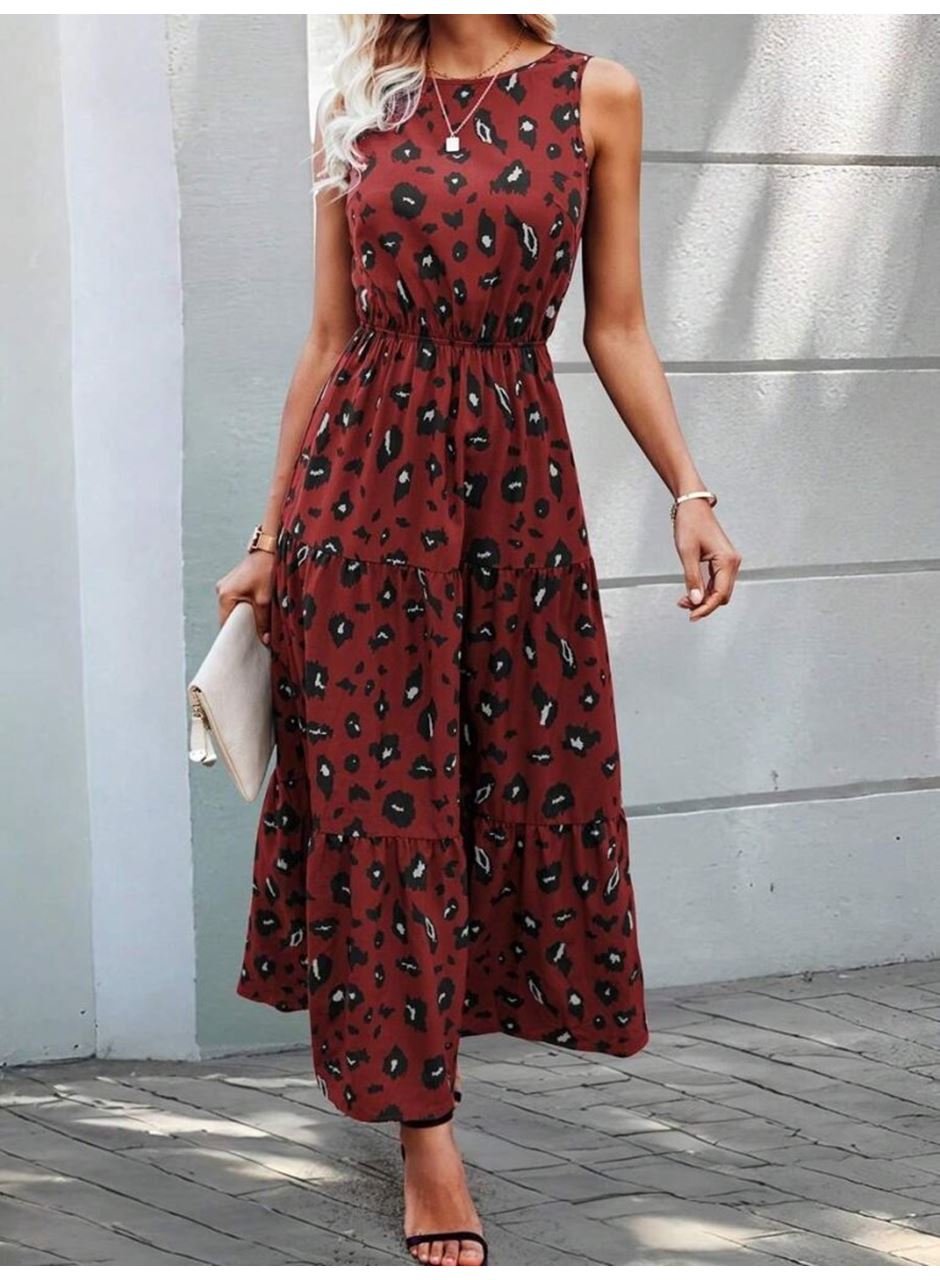 Kadın Kolsuz Bisiklet Yaka Beli Lastikli Desenli Süprem Elbise