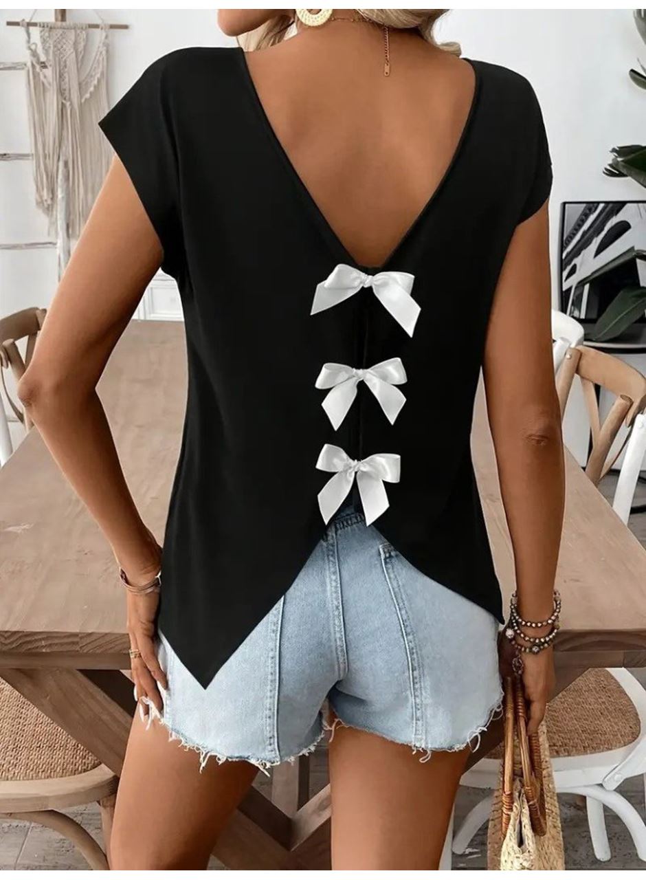 Kadın Kısa Kollu V Yakalı Arkadan Kurdele Detaylı Viskon Bluz