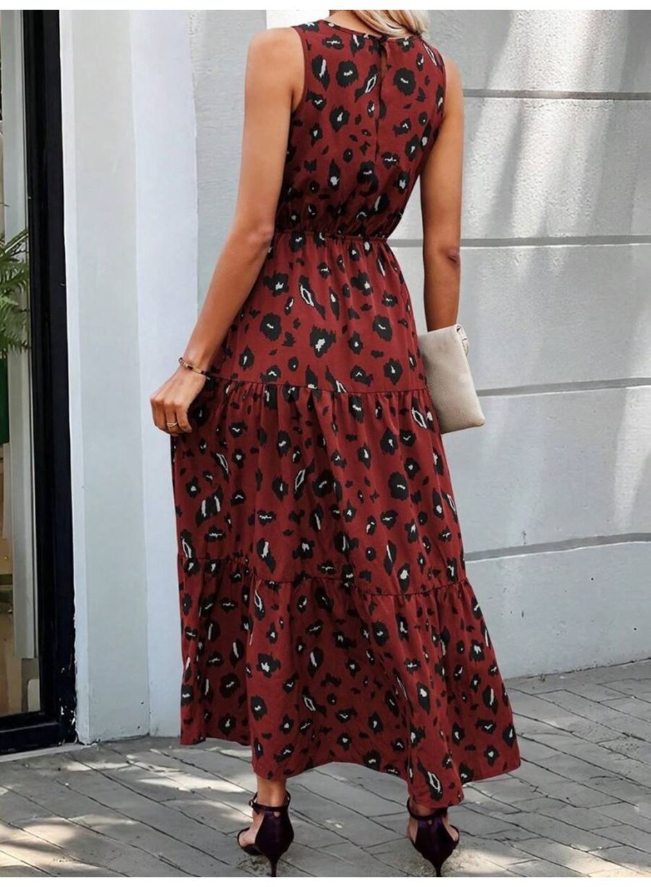 Kadın Kolsuz Bisiklet Yaka Beli Lastikli Desenli Süprem Elbise