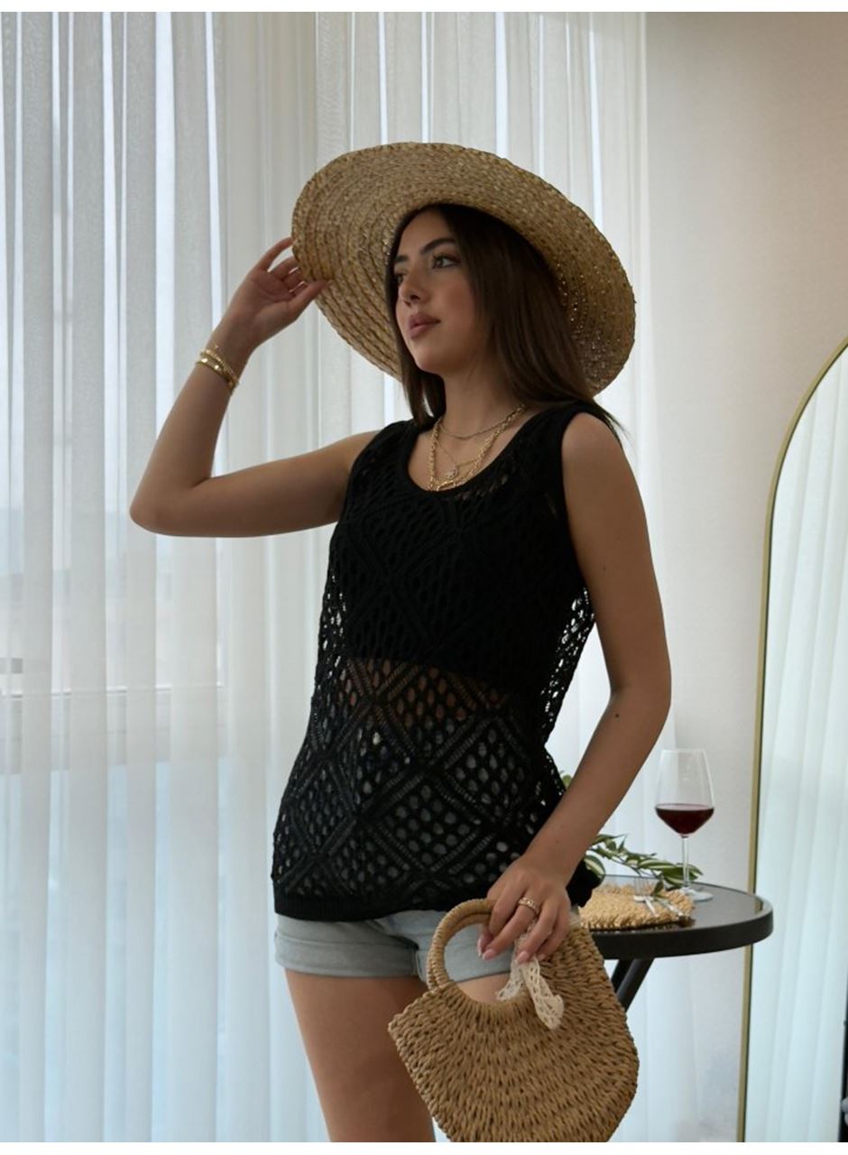 Kadın Askılı Yuvarlak Yaka Geometrik Desenli Triko Bluz