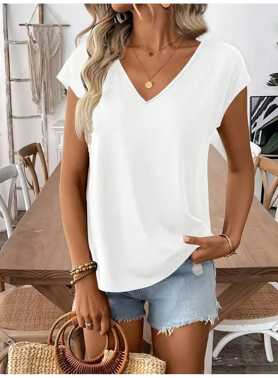 Kadın Kısa Kollu V Yakalı Arkadan Kurdele Detaylı Viskon Bluz