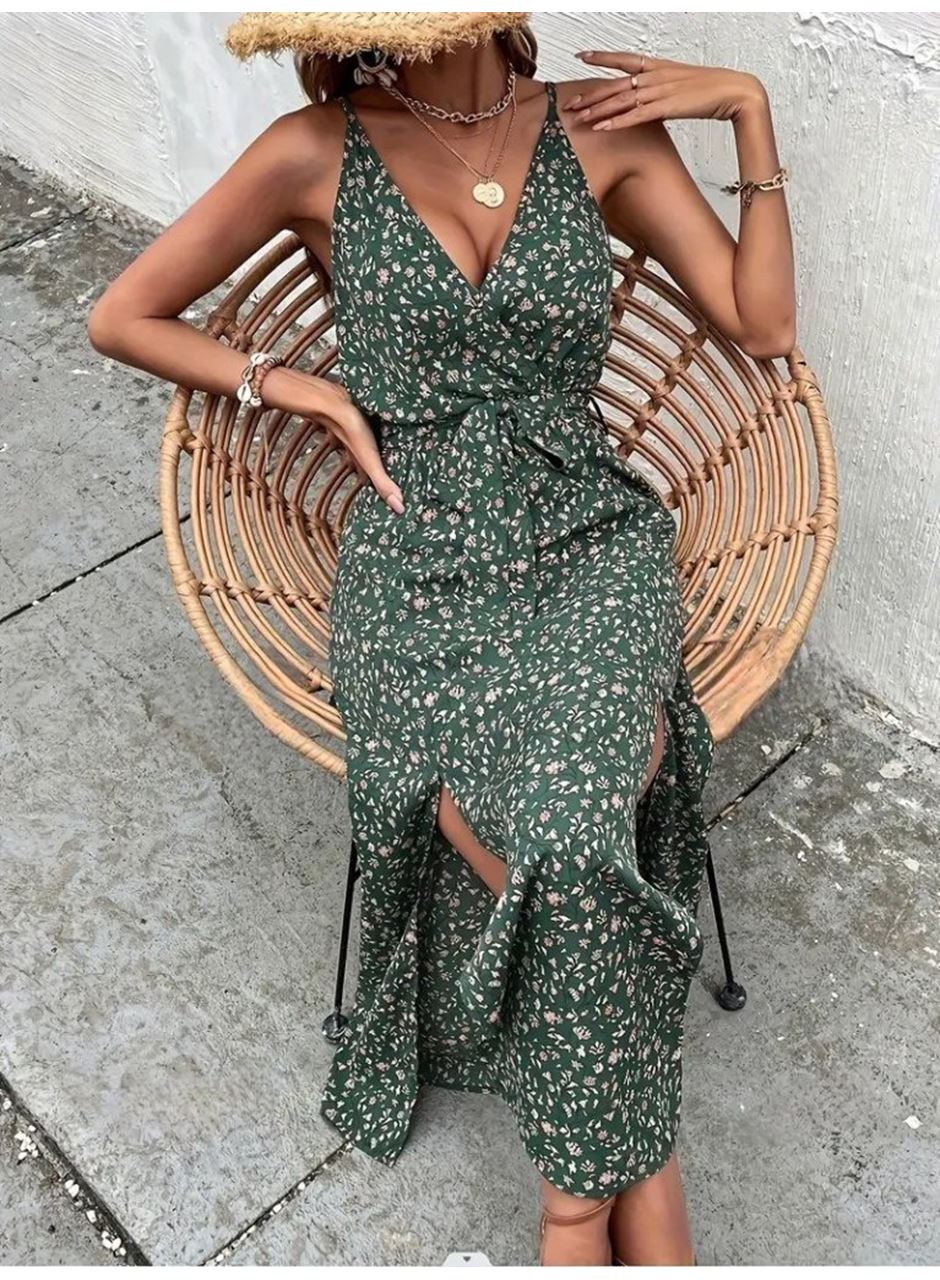 Kadın Ip Askılı Kruvaze Yakalı Yırtmaçlı Uzun Desenli Kuşaklı Süprem Elbise