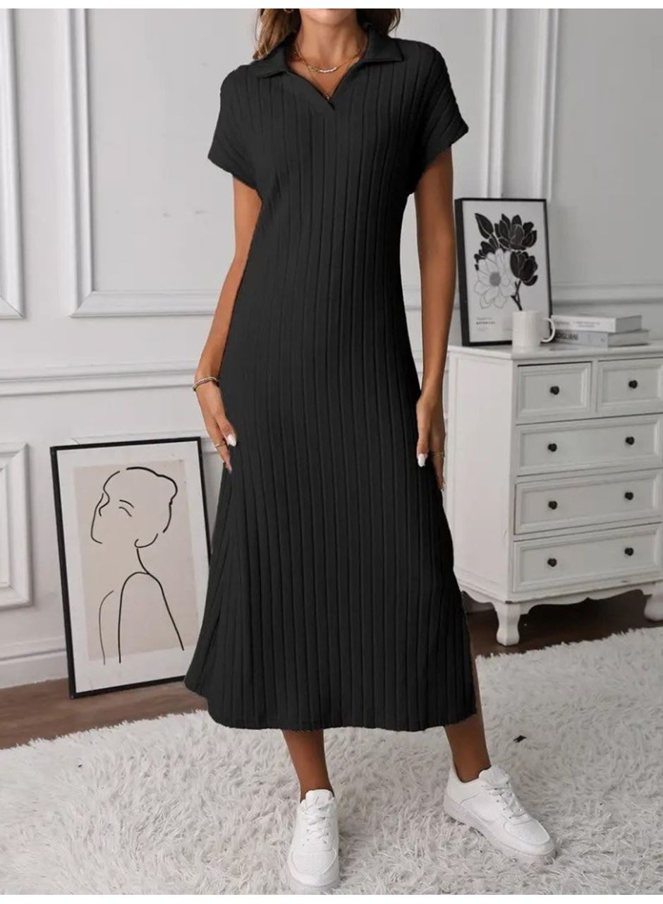 Kadın Kısa Kollu Yakalı Yandan Yırtmaçlı Kalın Fitilli Kaşkorse Elbise