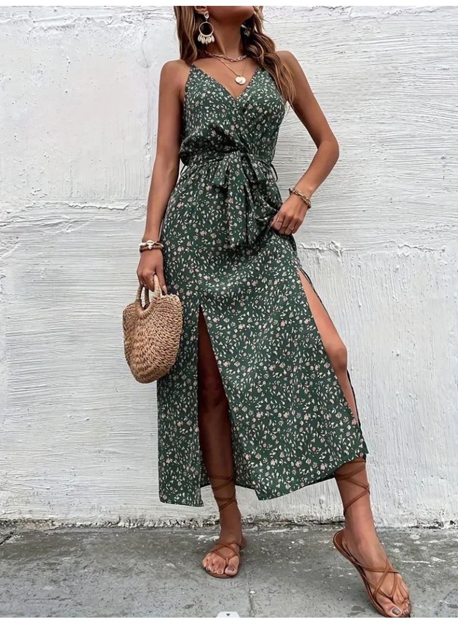 Kadın Ip Askılı Kruvaze Yakalı Yırtmaçlı Uzun Desenli Kuşaklı Süprem Elbise