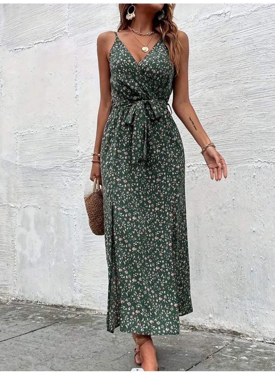 Kadın Ip Askılı Kruvaze Yakalı Yırtmaçlı Uzun Desenli Kuşaklı Süprem Elbise