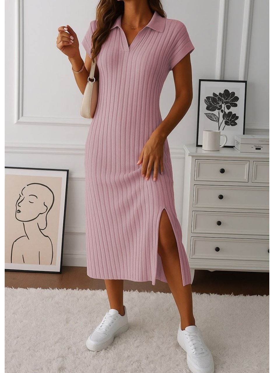 Kadın Kısa Kollu Yakalı Yandan Yırtmaçlı Kalın Fitilli Kaşkorse Elbise