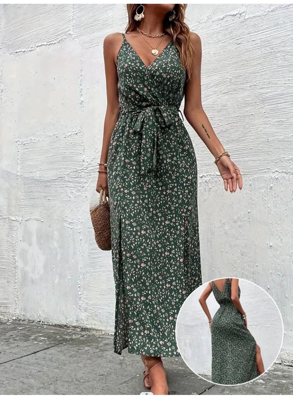 Kadın Ip Askılı Kruvaze Yakalı Yırtmaçlı Uzun Desenli Kuşaklı Süprem Elbise