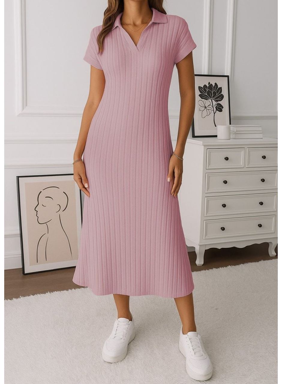 Kadın Kısa Kollu Yakalı Yandan Yırtmaçlı Kalın Fitilli Kaşkorse Elbise