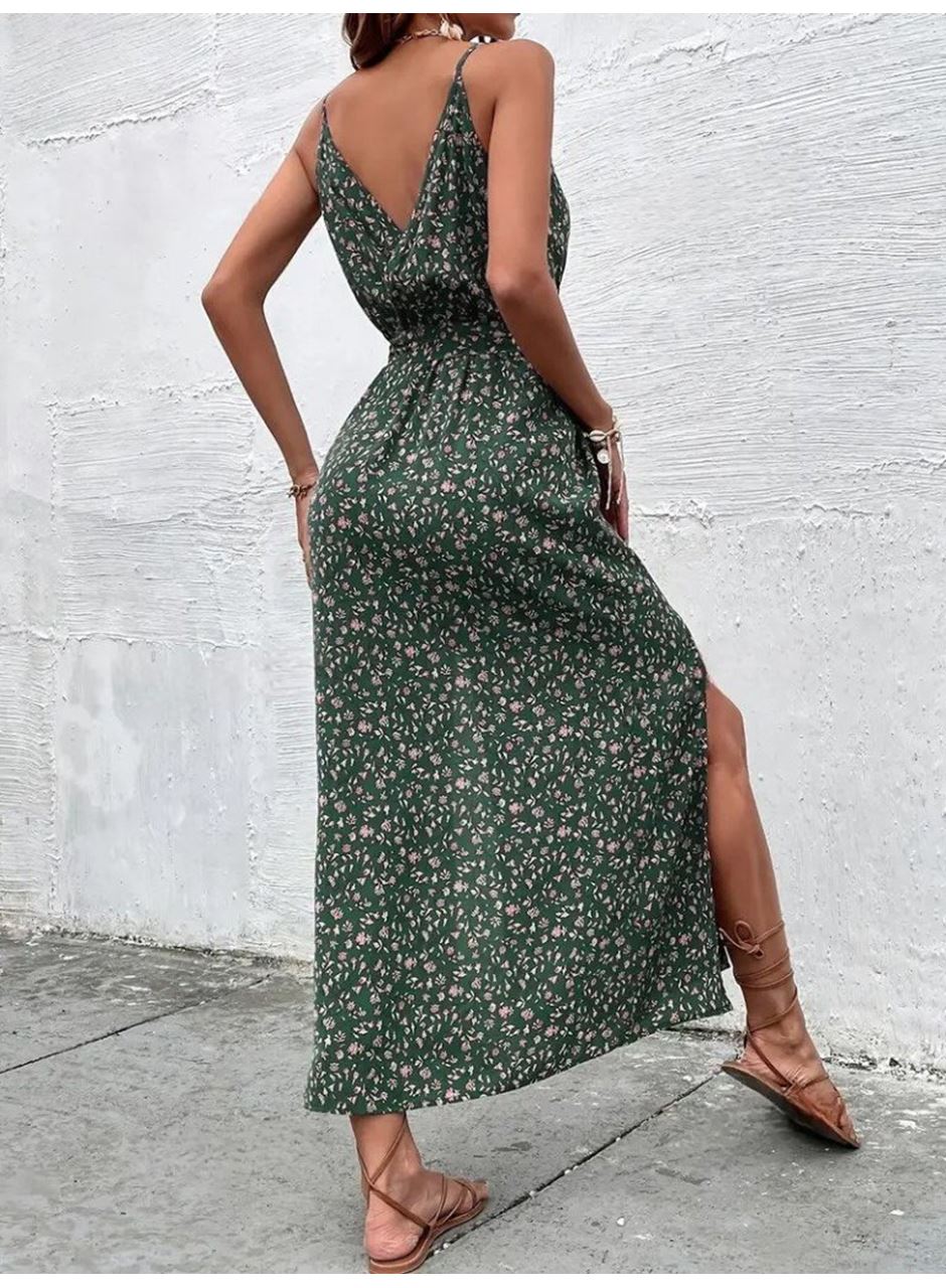 Kadın Ip Askılı Kruvaze Yakalı Yırtmaçlı Uzun Desenli Kuşaklı Süprem Elbise