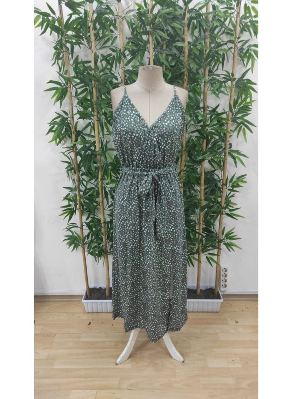 Kadın Ip Askılı Kruvaze Yakalı Yırtmaçlı Uzun Desenli Kuşaklı Süprem Elbise