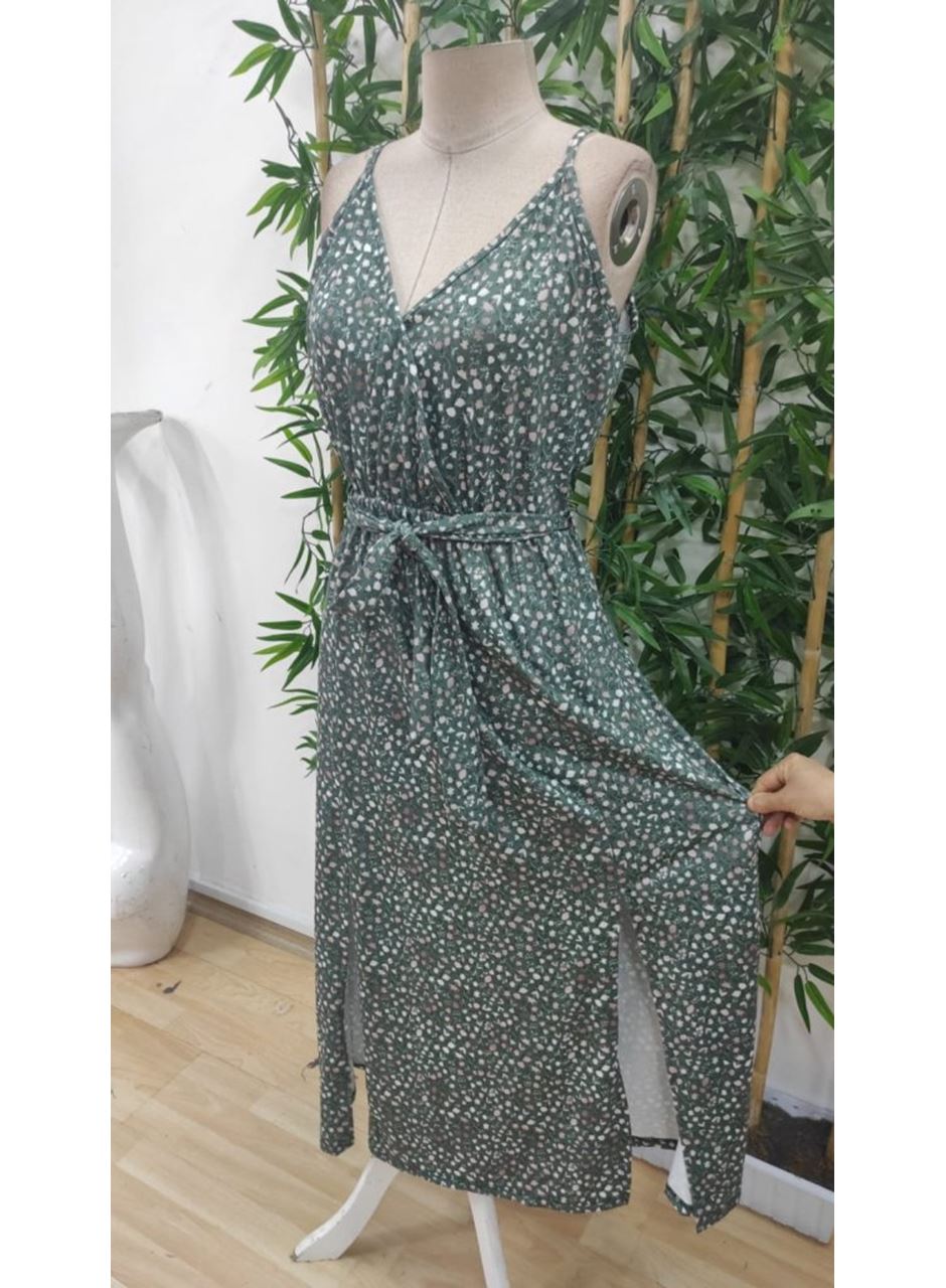 Kadın Ip Askılı Kruvaze Yakalı Yırtmaçlı Uzun Desenli Kuşaklı Süprem Elbise