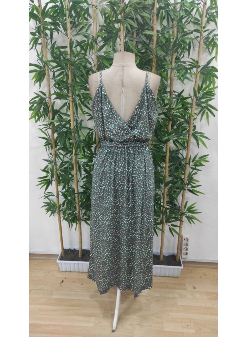 Kadın Ip Askılı Kruvaze Yakalı Yırtmaçlı Uzun Desenli Kuşaklı Süprem Elbise