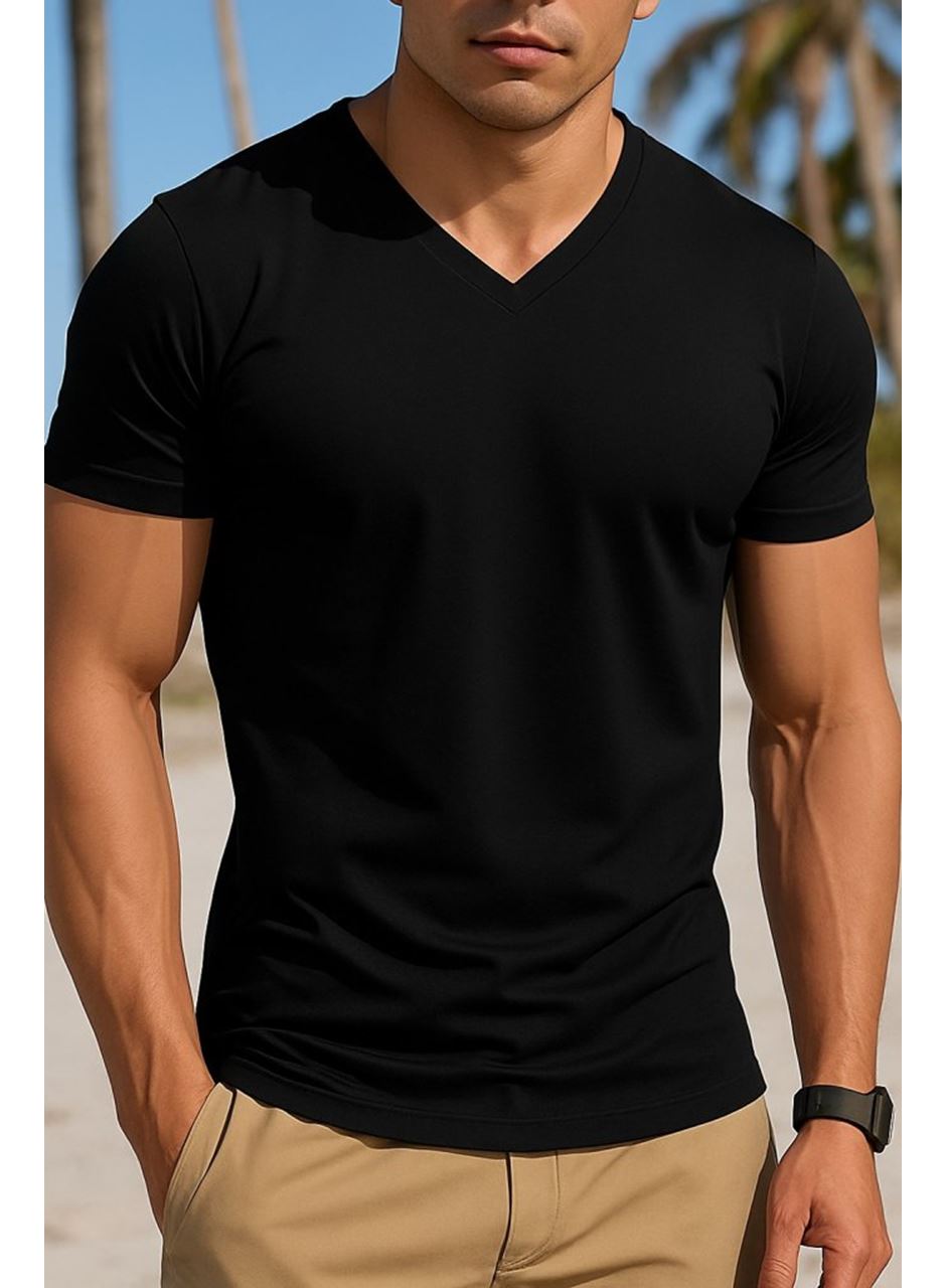 Erkek Kısa Kollu V Yakalı Viskon Tişört