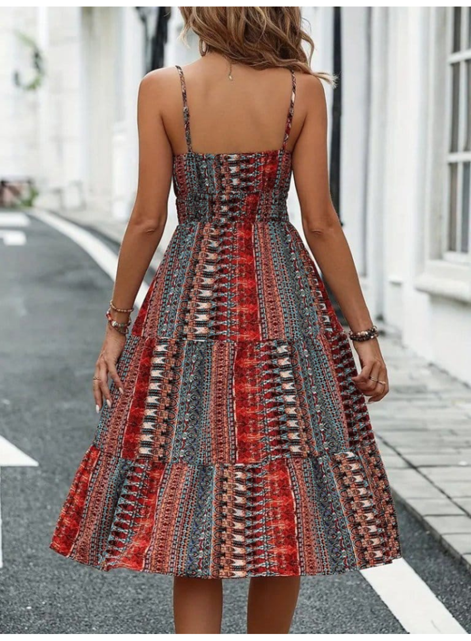 Kadın Ip Askılı V Yakalı Bağcıklı Beli Lastikli Desenli Süprem Elbise