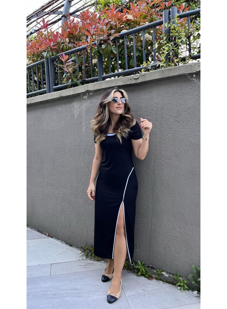 Kadın Yuvarlak Ribana Yaka Beyaz Yırtmaç Detaylı Viskon Tam Boy Elbise