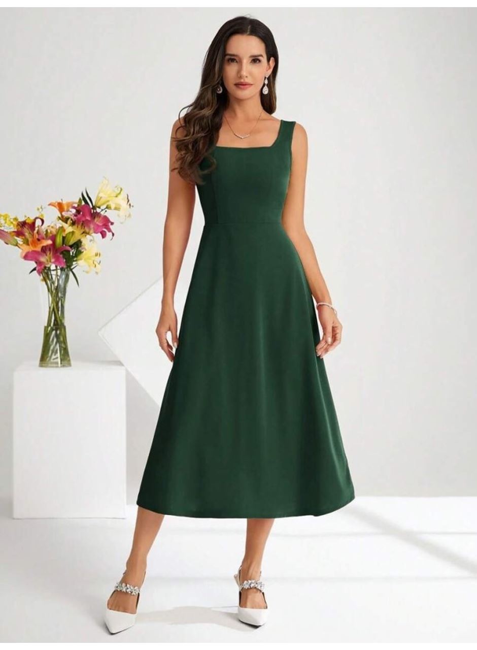 Kadın Askılı Kare Yakalı Midi Ithal Krep Elbise