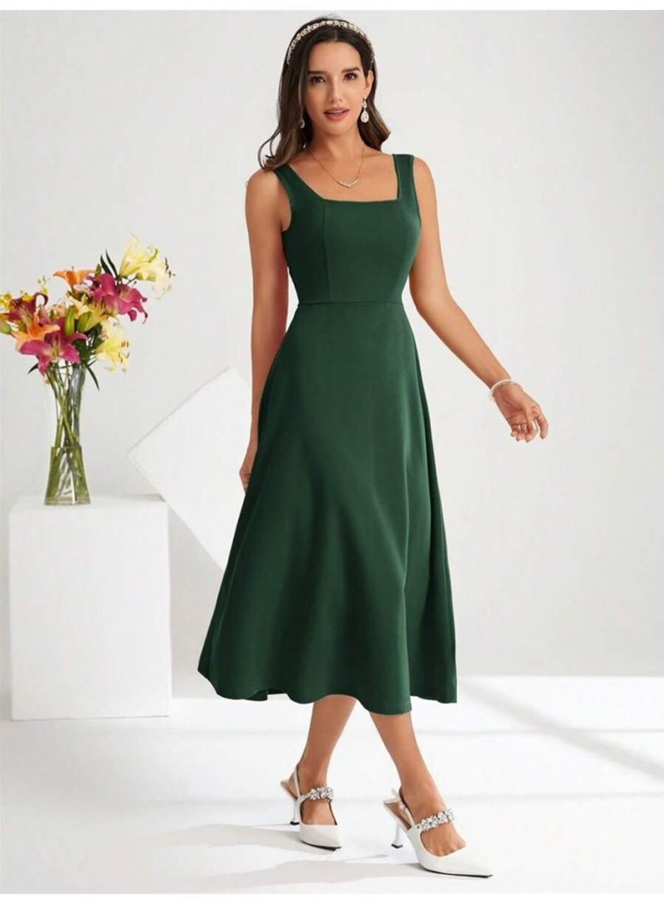 Kadın Askılı Kare Yakalı Midi Ithal Krep Elbise