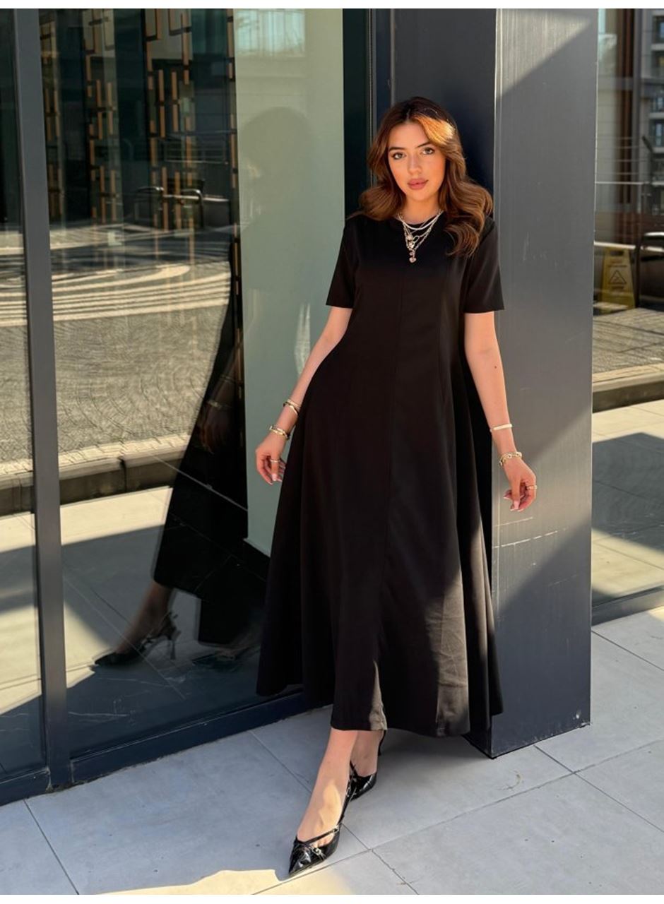 Kadın Kısa Kollu Bisiklet Yaka Maksi Boy Ithal Krep Elbise