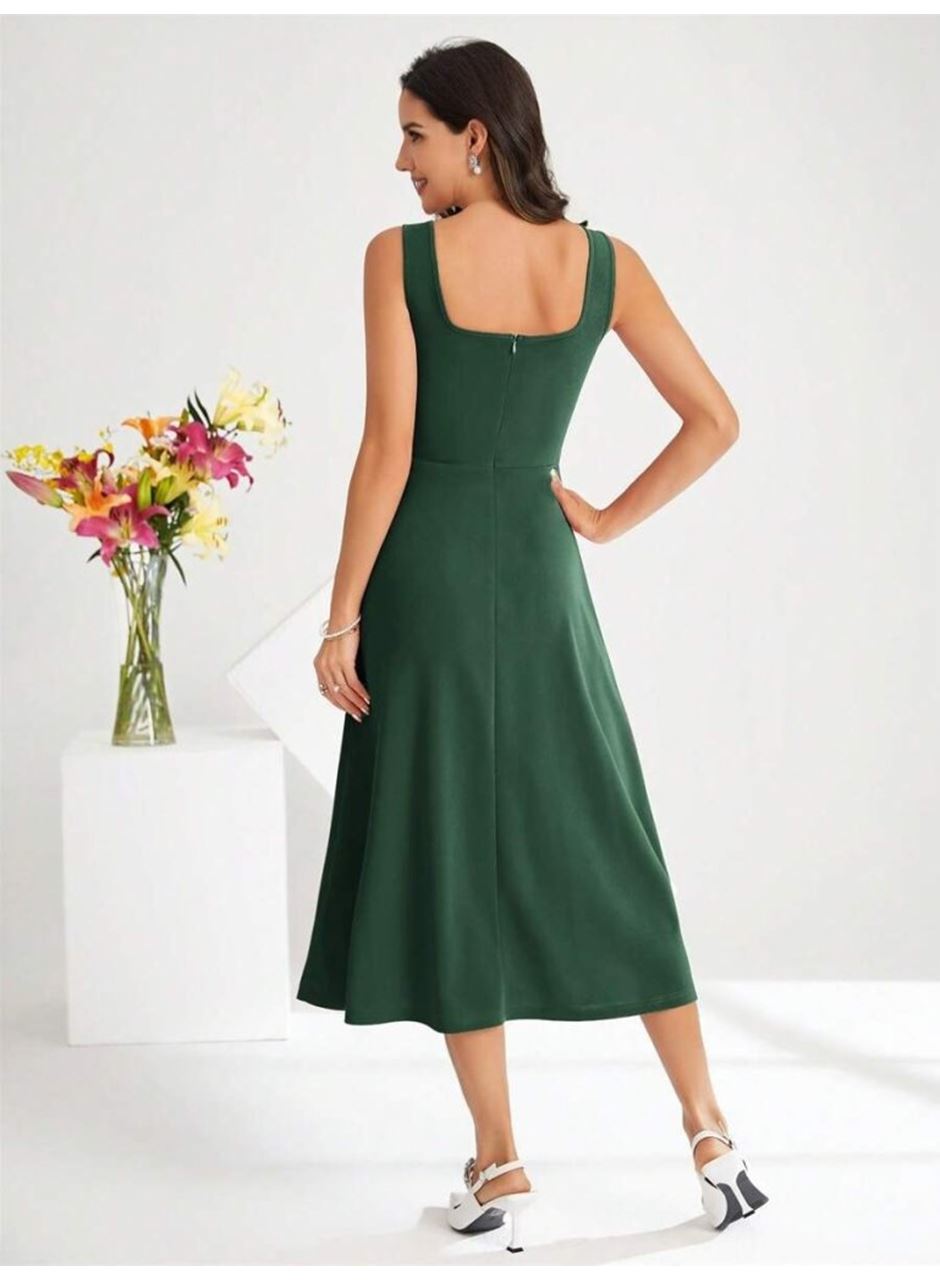 Kadın Askılı Kare Yakalı Midi Ithal Krep Elbise